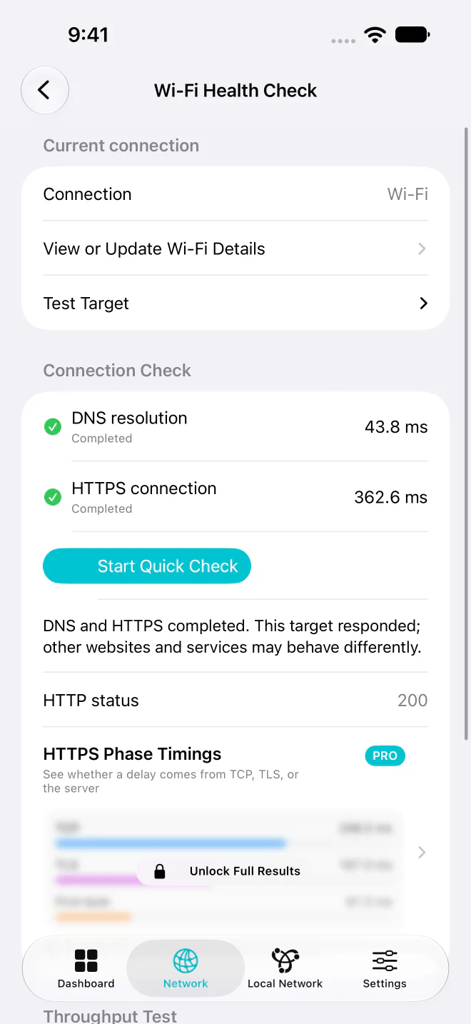 A completed DNS and HTTPS health check in Syscope.