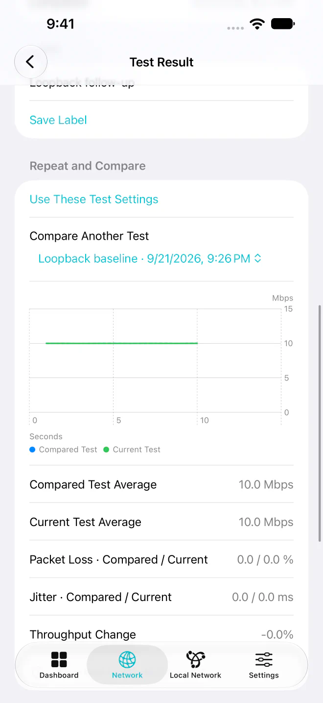 Two saved local iPerf3 tests compared in Syscope Pro.