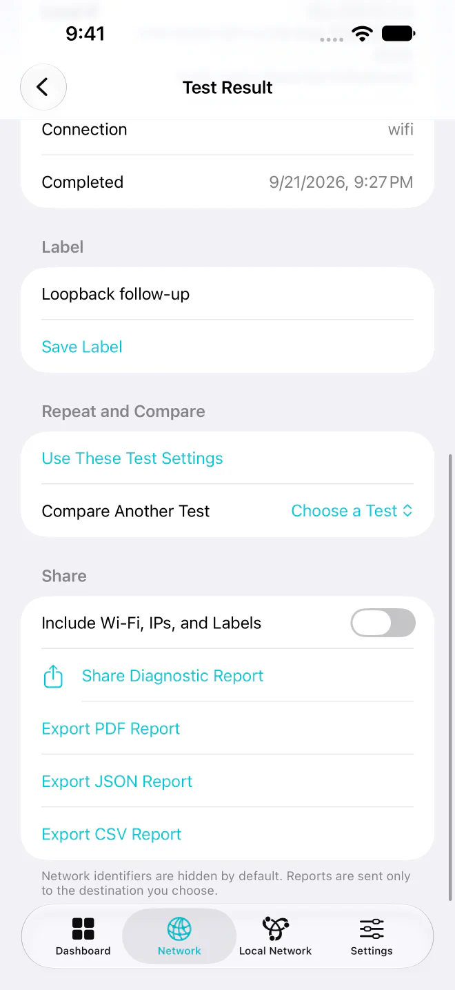 Syscope Pro report settings with PDF, JSON and CSV export options.